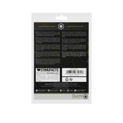 Embalagem preta de produto Ouch! Glow In The Dark com texto multilingue e código de barras
