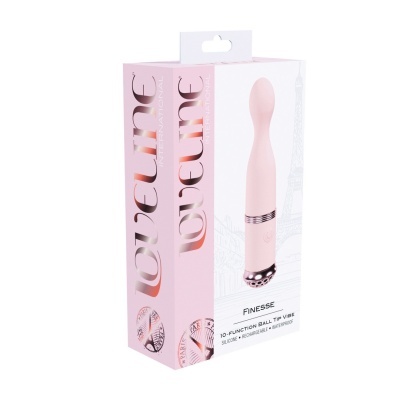 Embalagem do Vibrador Finesse cor-de-rosa e branca com texto e ilustração da Torre Eiffel.