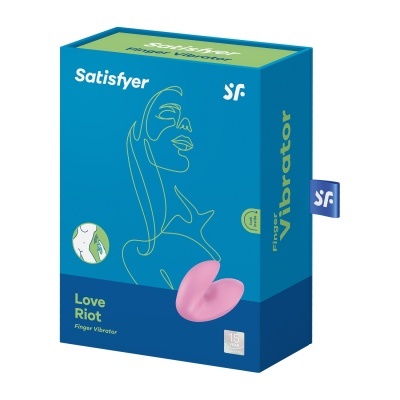 Embalagem azul de vibrador Satisfyer Love Riot com ilustração feminina e texto.