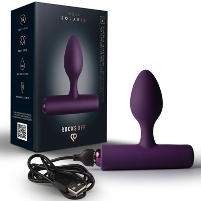 Plug anal roxo com cabo USB e caixa preta da marca Rocks Off