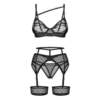 Conjunto de lingerie preto com tule transparente e bolinhas, soutien e cinta-liga com meias.