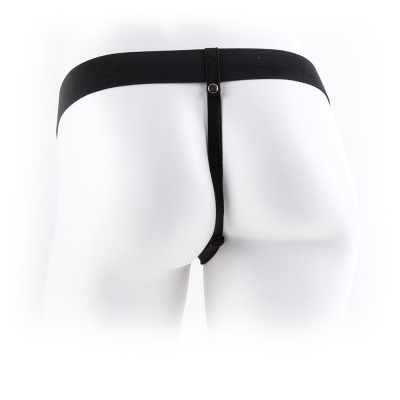 Cueca tanga preta elástica vista de trás num manequim branco
