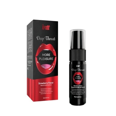 Frasco e caixa de spray intt Deep Throat sabor morango com lábios vermelhos e texto