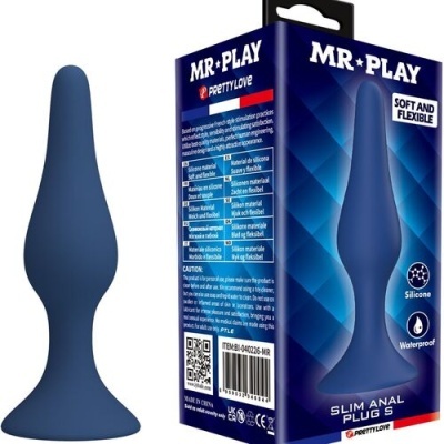 Plug anal azul escuro de silicone com embalagem azul degradê e texto MR PLAY