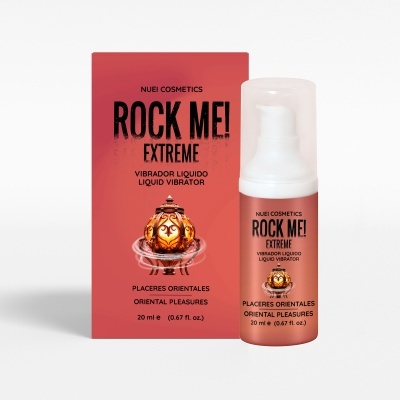 Frasco e embalagem do produto NUEl COSMETICS ROCK ME! EXTREME, vibrador líquido, 20 ml.