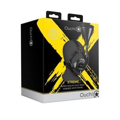 Embalagem de produto com capacete preto e arnês com funil, marca Ouch!