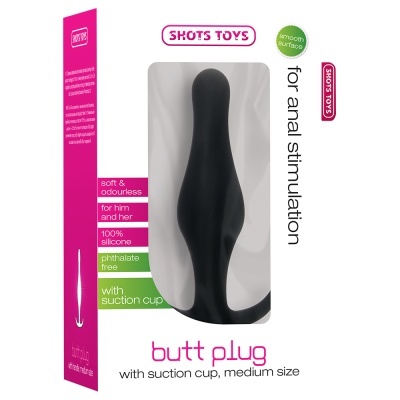 Plug anal preto com ventosa e embalagem em branco e rosa