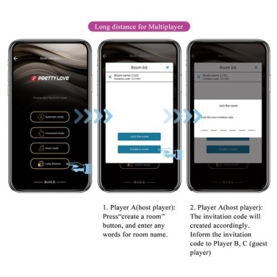 Três ecrãs de smartphone com a aplicação Pretty Love e instruções para multiplayer à distância