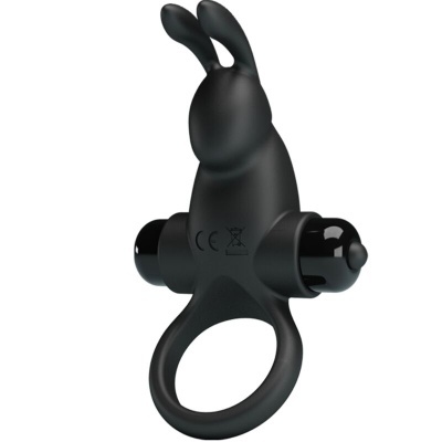 Anel vibratório preto em forma de coelho com orelhas