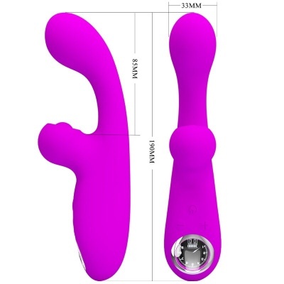 Vibrador anatómico roxo com dimensões e mostrador digital na base