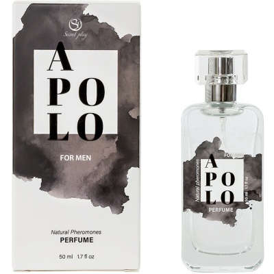 Perfume APOLLO FOR MEN em embalagem branca e frasco transparente