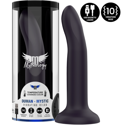 Dildo vibratório preto Mythology Duman Mystic em embalagem cilindrica preta e branca