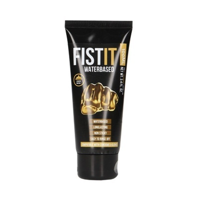 Frasco preto de produto FIST IT WATERBASED com imagem de punho dourado