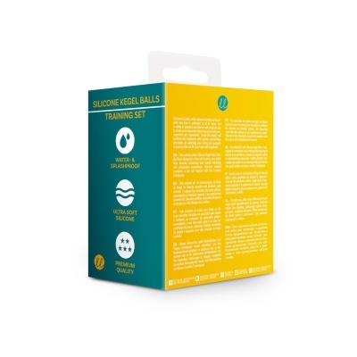 Embalagem de conjunto de treino de bolas Kegel em silicone amarelo com texto informativo