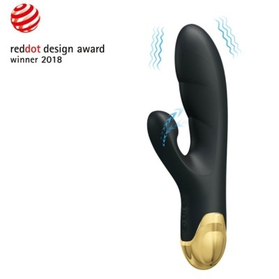 Vibrador preto com apontamento dourado e indicação de prémio design