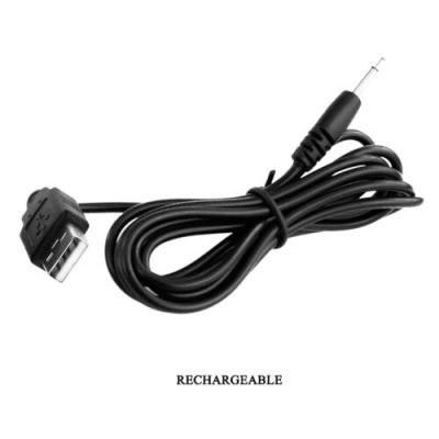 Cabo preto com USB tipo A e conector cilíndrico pequeno, texto RECHARGEABLE