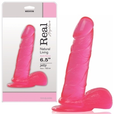 Dildo rosa em gelatina com embalagem branca e rosa, texto Real Life Nature e Natural Living Earth Flavour 6.5 jelly