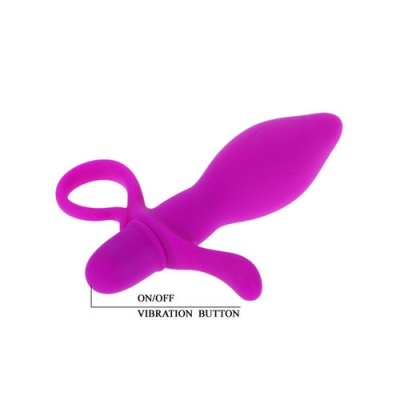 Produto sexual em silicone roxo com botão de vibração ON/OFF