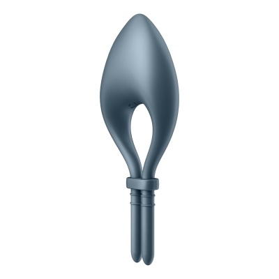Utensílio de cozinha azul em silicone com forma oval e cabo tubular.