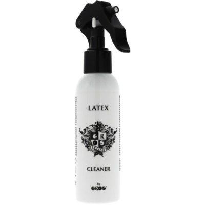 Frasco de spray branco com tampa preta e texto LATEX CLEANER by EROS