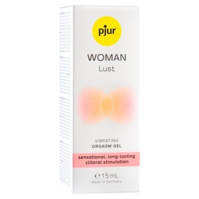 Embalagem de gel vibratório pjur WOMAN Lust branca com texto e elementos gráficos coloridos