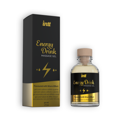 Frasco de gel de massagem Energy Drink com embalagem preta e dourada.