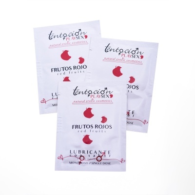 Embala gem branca de lubrificante sabor frutos rojos com texto tentación PLAYSEX natural erotic cosmetics