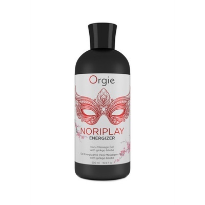Frasco preto de gel para massagem Orgie Noriplay Energizer com rótulo branco e máscara vermelha