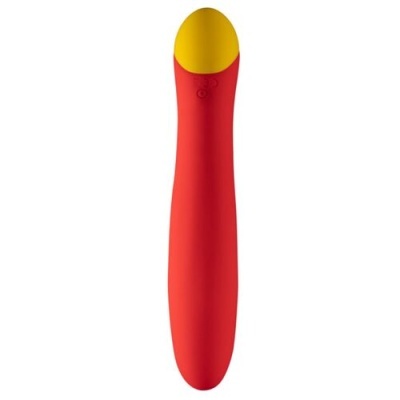Produto ergonómico vermelho e amarelo com símbolos em relevo