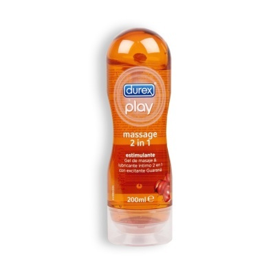Frasco laranja Durex Play Massage 2 in 1 com texto e tampa transparente
