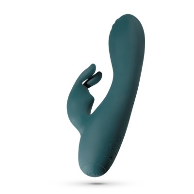 Vibrador azul-esverdeado de silicone com duas pequenas projeções laterais e botão circular na base