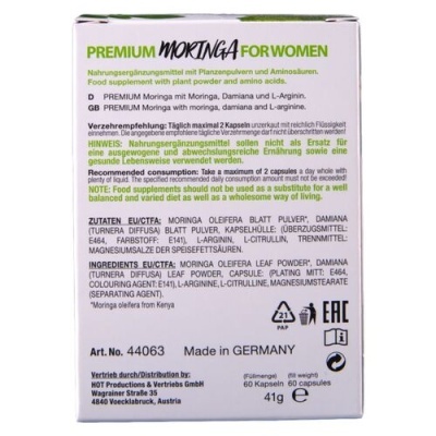 Embalagem de suplemento alimentar PREMIUM Moringa for Women com texto e informações de uso