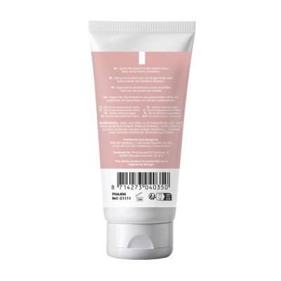 Tubo plástico branco e rosa com texto e código de barras