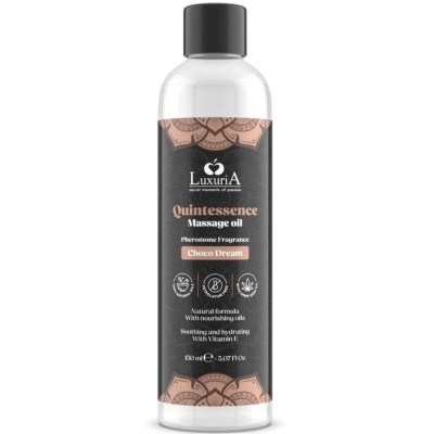 Frasco de óleo de massagem LuxuriA Quintessence com rótulo preto e detalhes cor de chocolate