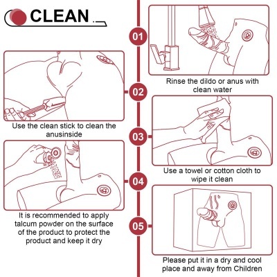 Instruções de limpeza para dildo com desenhos lineares vermelhos e texto explicativo em inglês.