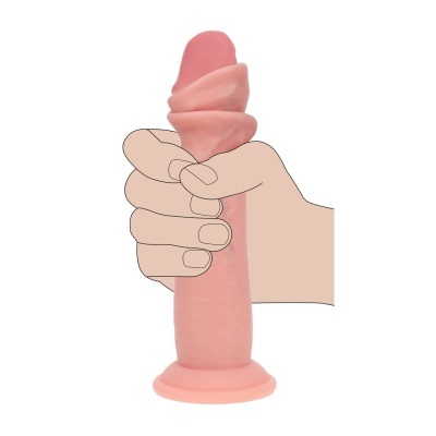 Dildo cor de pele com base de ventosa a ser segurado por uma mão desenhada.