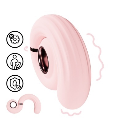 Produto em silicone rosa curvo com abertura circular metálica brilhante