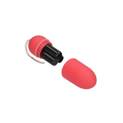 Contentor cor-de-rosa tipo cápsula com pilhas AA pretas e suporte metálico