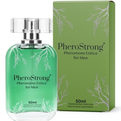 Perfume verde PheroStrong com caixa verde e design de ramos brancos