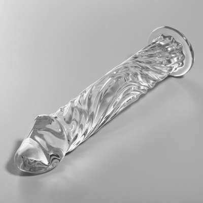 Dildo de vidro transparente com padrão espiral e base plana