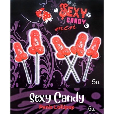 Pirulitos vermelhos em forma de pénis com texto Sexy Candy