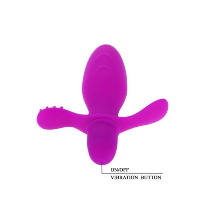 Dispositivo roxo com botão de vibração e texto ON/OFF VIBRATION BUTTON