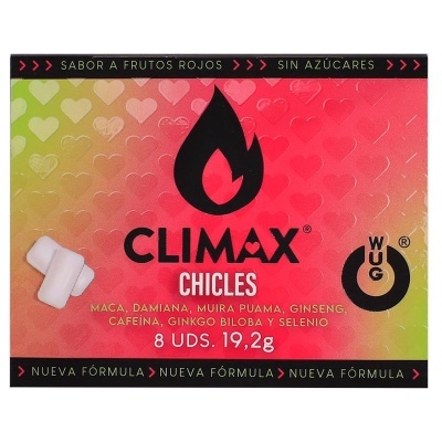 Embalagem colorida de chicletes CLIMAX com texto e imagens de corações