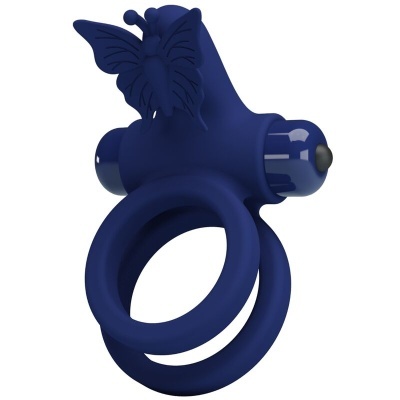 Anel duplo azul escuro com borboleta e cilindro brilhante.