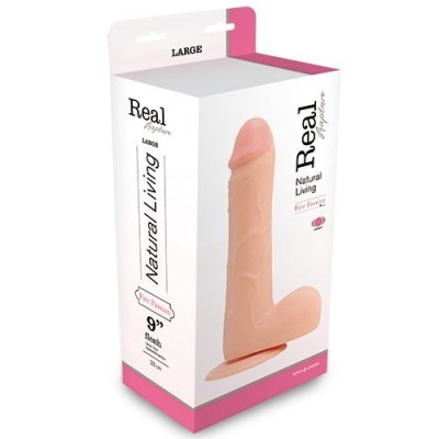Caixa de embalagem branca com dildo realista cor pele com base de ventosa.