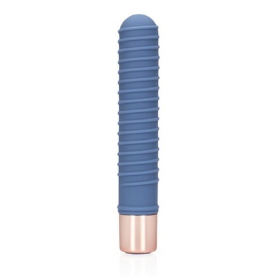 Vibrador azul com textura em espiral e base metal rosa dourado