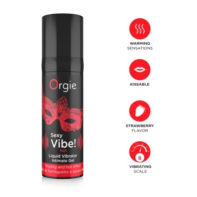 Frasco preto de gel íntimo vibrador com máscara vermelha e texto