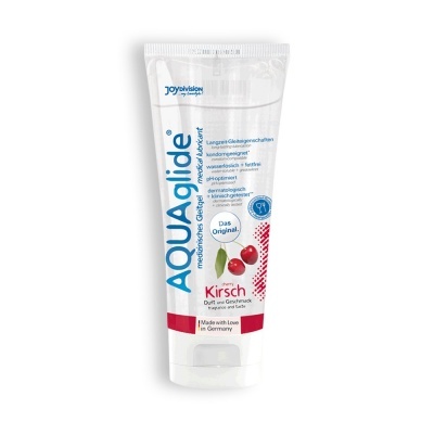 Frasco branco de gel lubrificante com cerejas desenhadas e texto em alemão e inglês