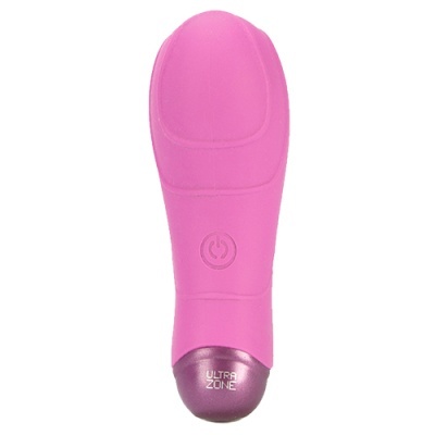 Massageador rosa com base roxa e botão central