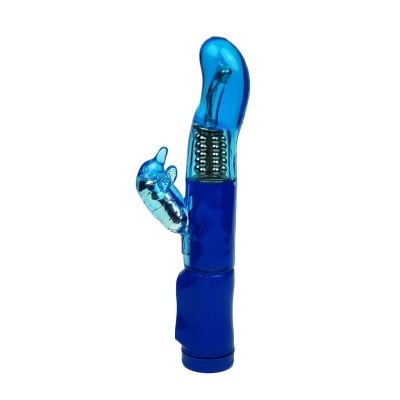 Vibrador azul translúcido com anexo em forma de coelho